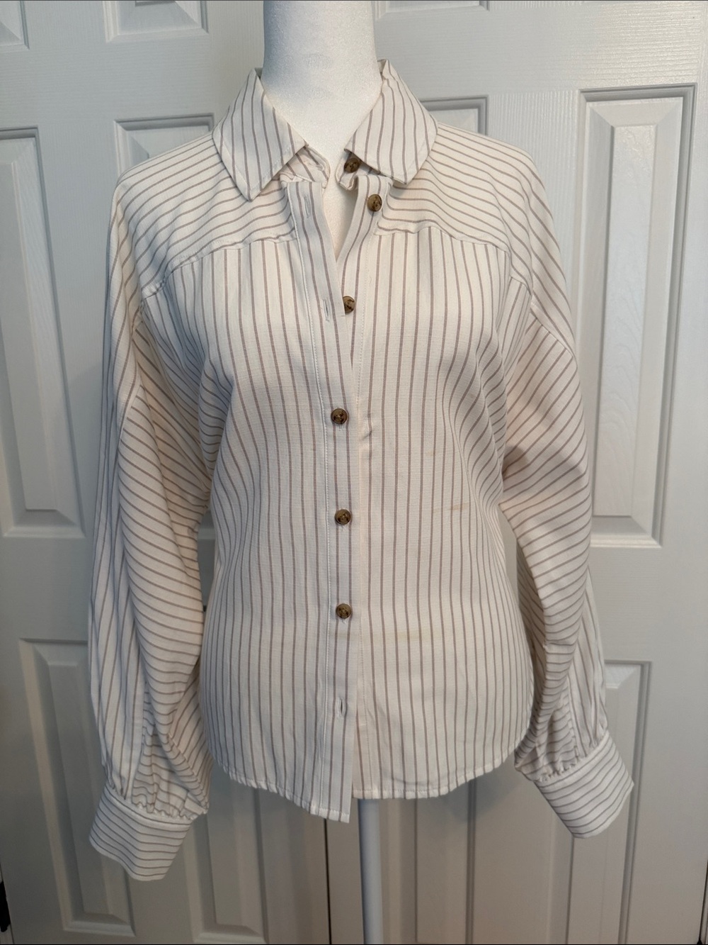 CAbi Women’s White Button-Down Shirt with Tan Pinstripes and tie back